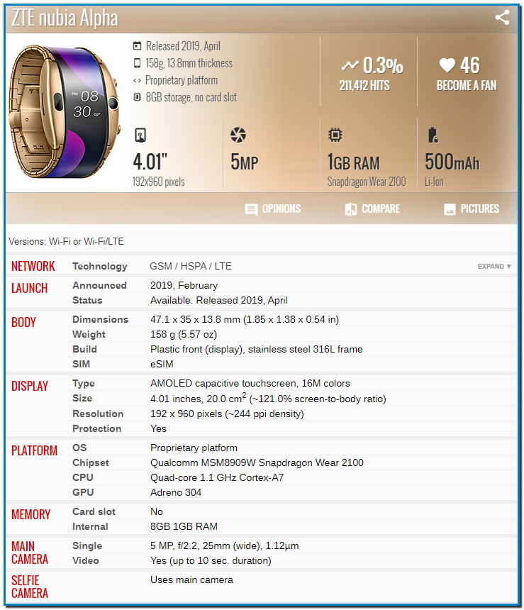 Buy Original ZTE Nubia alpha in Andorra Nubia α A wristwatch cellphone Snapdragon Mobile Phone band Curved surface screen